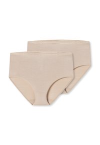 Beige Baumwoll-Hipsterunterhosen mit einer dezenten Rippstruktur, ausgestattet mit einem normalen Bund und vollständiger Abdeckung. Zwei Paare sind enthalten.