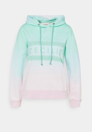Sweat à capuche dégradé vert pastel et rose avec poche avant, cordons et "CECILIE" imprimé sur la poitrine.