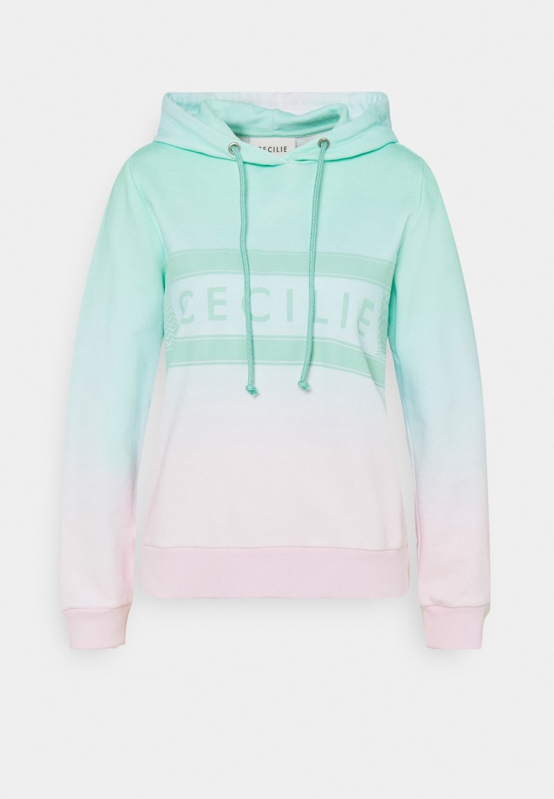 Sweat à capuche dégradé vert pastel et rose avec poche avant, cordons et "CECILIE" imprimé sur la poitrine.