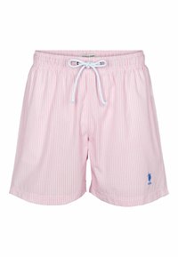 Rosa og hvite stripete badeshorts med elastisk midjebånd, snor og en liten blå logo på venstre side. Lett stofftekstur.