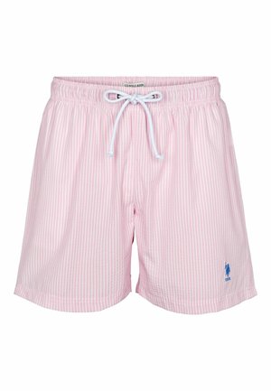 Różowo-białe kąpielówki w paski z elastycznym pasem, sznurkiem i małym niebieskim logo po lewej stronie. Lekka tekstura materiału.