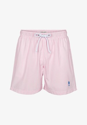 Rozā un baltas svītrainas peldbikses ar elastīgu jostasvietu, aukliņu un mazu zilu logotipu kreisajā pusē. Viegls auduma tekstūra.