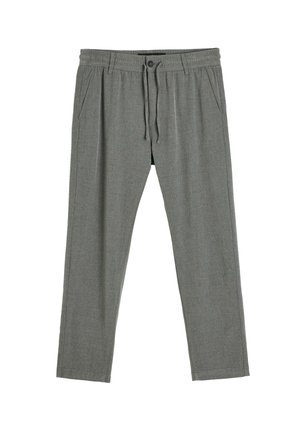 Szare, plecione spodnie z regulowanym paskiem, dwiema bocznymi kieszeniami i zwężanym krojem nogawek. Gładka tekstura z subtelnym wzorem.