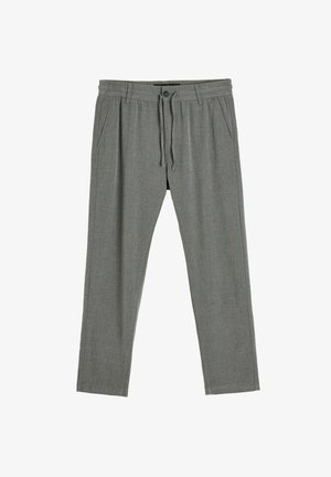Szare, plecione spodnie z regulowanym paskiem, dwiema bocznymi kieszeniami i zwężanym krojem nogawek. Gładka tekstura z subtelnym wzorem.