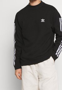 Felpa nera con scollo rotondo, caratterizzata dal logo bianco Adidas sul petto e tre strisce bianche lungo le maniche.