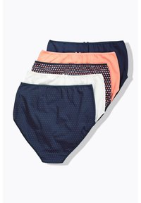 Cinq paires de sous-vêtements féminins dans des couleurs variées : marine, rose clair, blanc, marine à motifs et corail, avec un tissu lisse et un design offrant une couverture complète.