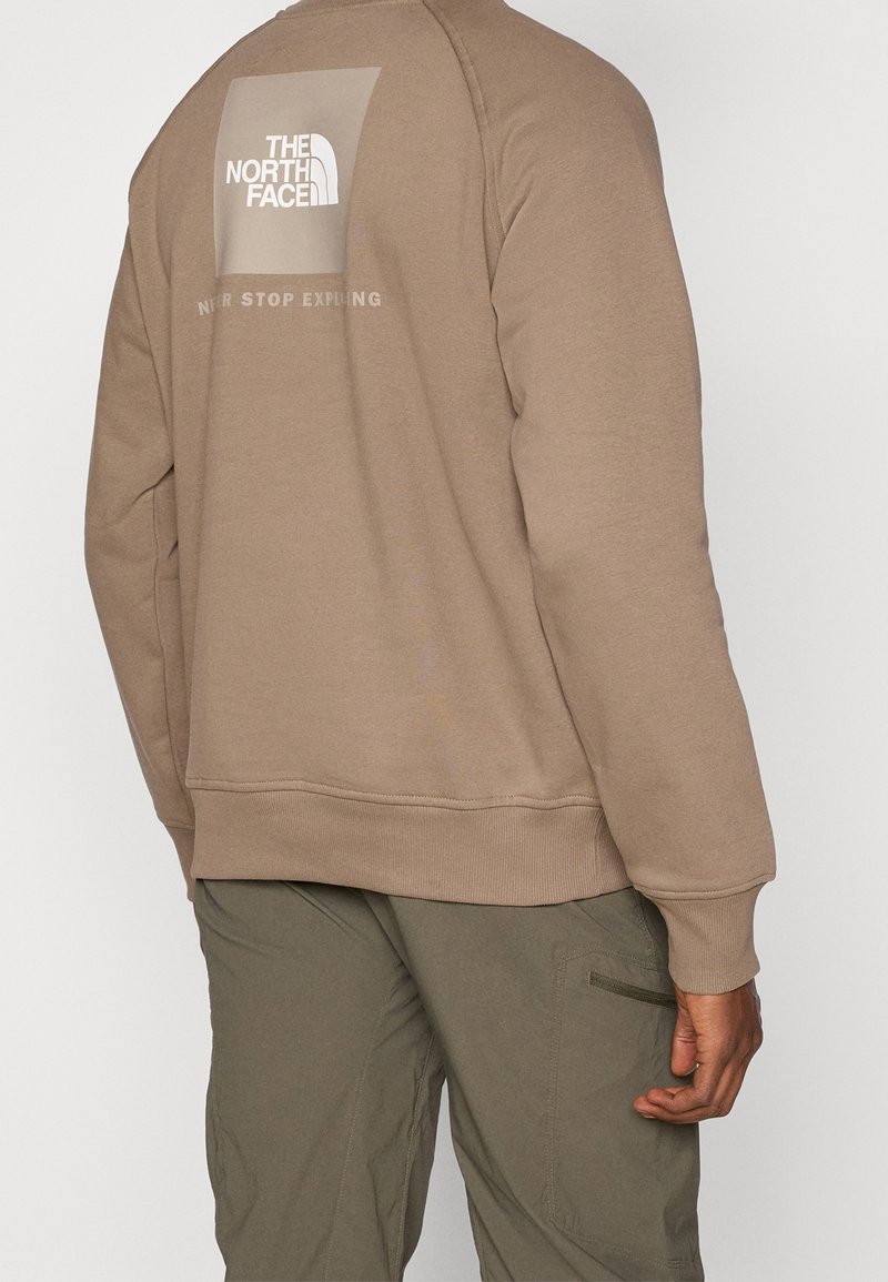Sweat-shirt marron avec le logo The North Face et le texte "Never Stop Exploring" dans le dos, porté avec un pantalon cargo vert olive.