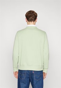 Lichtgroene sweatshirt met een ronde hals en geribbelde mouwuiteinden, gedragen over een witte coll shirt, gecombineerd met donkerblauwe spijkerbroek.