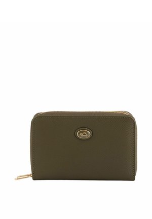 Olive green wallet in textured vegan leather, featuring a gold-tone zip closure and logo accent on the front. Rectangular design.
