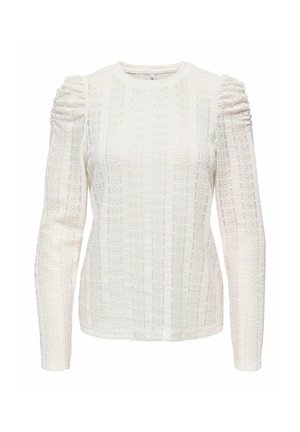 Hvid langærmet sweater med tekstureret blonde mønster og samlede skuldre. Har en rund hals og tætsiddende manchetter. Letvægtsstof.