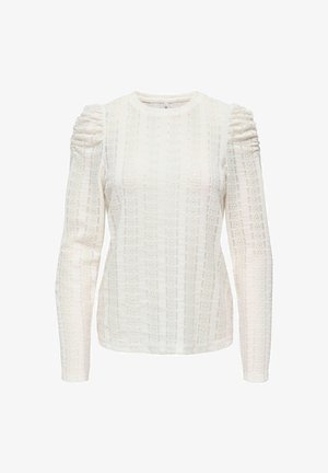 Hvid langærmet sweater med tekstureret blonde mønster og samlede skuldre. Har en rund hals og tætsiddende manchetter. Letvægtsstof.