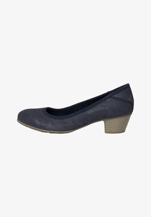 Zapato de tacón azul marino con superficie texturizada, punta redondeada y tacón en ángulo de 5 cm. Cuenta con un forro suave y un ribete elástico para mayor comodidad.