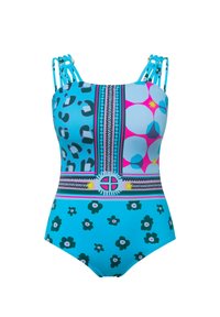 Bañador de una pieza en azul brillante con patrones mixtos: estampado de leopardo, diseños florales y formas geométricas, con tirantes ajustables.