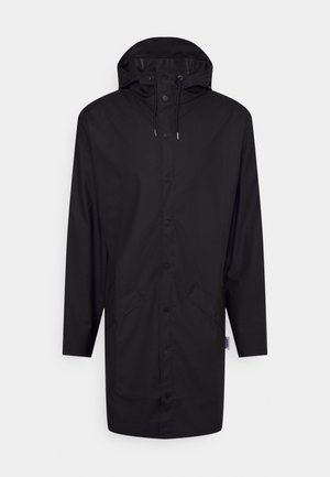 Black long raincoat with hood, front button closure, drawstrings, and two angled front pockets against a light gray background.
