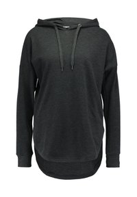 Hoodie à manches longues gris foncé avec cordons, poignets côtelés et ourlet arrondi plus long à l'arrière, présenté sur un fond blanc.