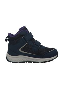 Tumed sinised pahkluu saapad sädeleva kangaga, millel on kaks Velcro rihma, hõbedased detailid ja kontrastne lilla sisemus. Paks kummist talla.