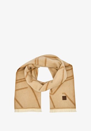 Sciarpa beige in tessuto morbido, con motivo geometrico in una tonalità più scura di beige, bordi sfrangiati e una toppa con logo marrone.
