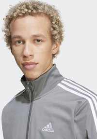 Sivá športová bunda na zips s vysokým golierom, s bielymi pruhmi na pleciach a malým bielym logom na ľavej strane.