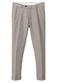 Pantalon slim à motifs à carreaux beige, noir et blanc, avec bouton sur le devant, fermeture éclair et ourlets avec revers.