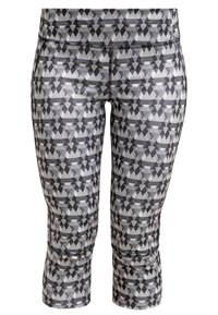 Leggings de sport gris et noir à motifs géométriques, longueur genou, coupe près du corps et coutures visibles.