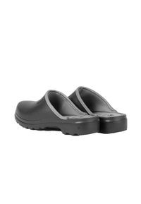 Black clogs with a smooth, rubber-like material. Slip-on design with wide openings and textured soles for traction. Gray accents on edges.
