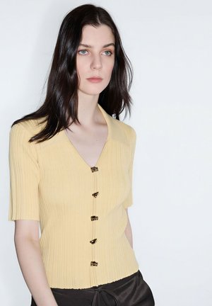 Giovane donna con lunghi capelli scuri che indossa un top giallo a maniche corte, a coste, con bottoni e pantaloni neri, su uno sfondo chiaro e semplice.