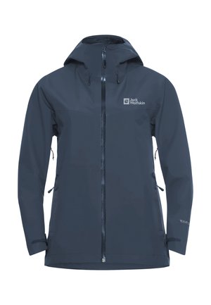 Wasserdichte dunkelblaue Jacke mit einem Frontreißverschluss, verstellbarem Kapuze und zwei Seitentaschen. Mit strukturiertem Stoff und Logo auf der Brust.