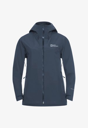 Waterdichte donkerblauwe jas met een rits aan de voorkant, verstelbare capuchon en twee zijzakken. Heeft een gestructureerde stof en een logo op de borst.