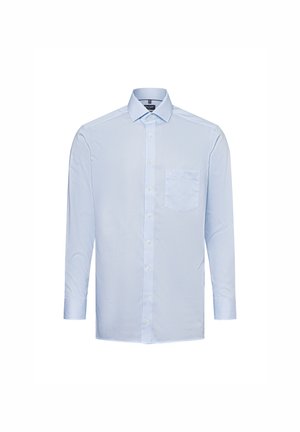 Hellblau gestreiftes Langarmhemd aus gewebtem Stoff mit Button-Down-Kragen und einer Brusttasche auf der linken Seite.