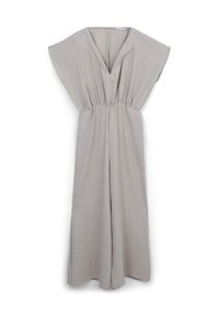 Jumpsuit grigio chiaro, con maniche corte e scollo a V, vita arricciata, gambe ampie e tessuto morbido e testurizzato. Chiusura con zip sul retro.