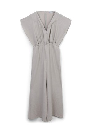 Hellgrauer, kurzärmeliger Jumpsuit mit V-Ausschnitt, geraffter Taille, weitem Bein und weicher, strukturiertem Stoff. Reißverschluss an der Rückseite.
