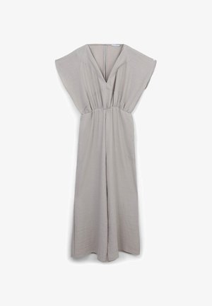 Light gray, short-sleeved jumpsuit with a V-neckline, gathered waist, wide legs, and soft, textured fabric. Zipper closure at the back.