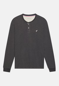 Long-sleeve dark gray Henley shirt with a buttoned placket, ribbed cuffs, and a small embroidered logo on the chest. Soft texture.