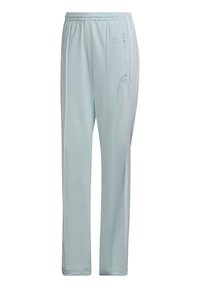 Lichtblauwe sportbroek met een elastische tailleband, zijzak met rits en witte zijstrepen. Gemaakt van lichtgewicht stof met een gladde textuur.