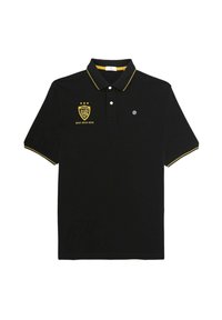 Polo noir avec un col et des accents de manches jaunes. Présente un logo brodé et trois étoiles sur la poitrine. Matière en mélange de coton.