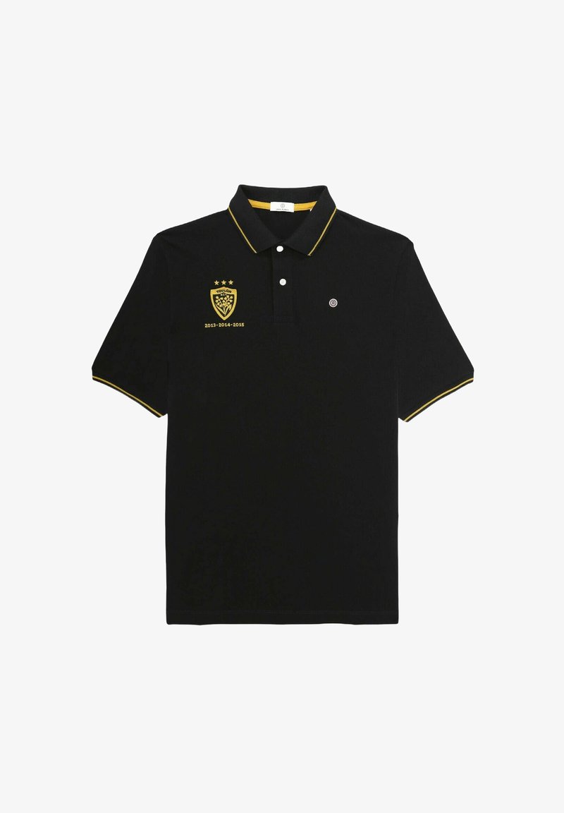 Polo noir avec un col et des accents de manches jaunes. Présente un logo brodé et trois étoiles sur la poitrine. Matière en mélange de coton.