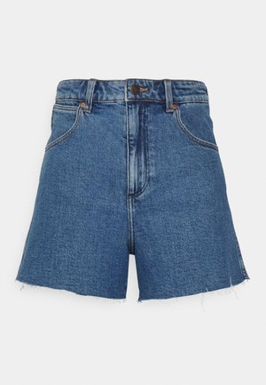 Denim shorts in light blue, high-waisted design, raw hem, two front pockets, button closure with a copper accent.