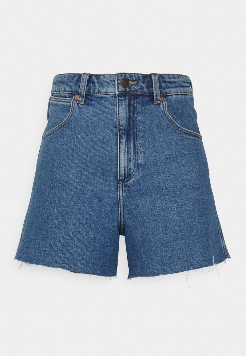 Farkkushortseja vaaleansinisessä, korkealla vyötäröllä, raakahelma, kaksi etutaskua, nappikiinnitys kupariset yksityiskohdat.