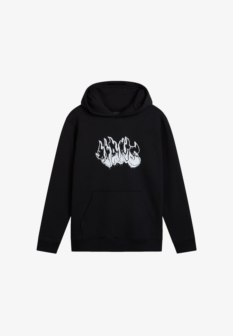 Sweat à capuche noir en coton avec une poche kangourou à l'avant et une capuche à cordon. Présente un graphique de texte blanc dégoulinant sur la poitrine.