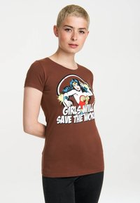 Brown cotton t-shirt with a fitted design, featuring a cartoon graphic of a woman with blue hair and text "GIRLS WILL SAVE THE WORLD."