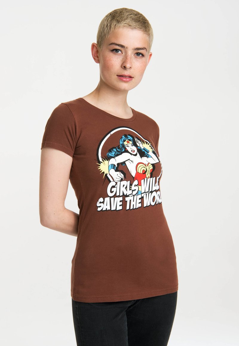 Brown cotton t-shirt with a fitted design, featuring a cartoon graphic of a woman with blue hair and text "GIRLS WILL SAVE THE WORLD."