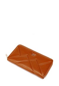 Brown leather wallet with geometric quilted pattern. Features gold hardware and a zip closure, showcasing a sleek, elongated shape.