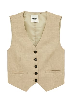 Beige ærmeløs vest med V-hals, udstyret med seks sorte knapper og to forlommer. Glat tekstur med et diskret mønster.