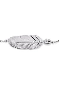 Bracciale in argento con un ciondolo a forma di piuma caratterizzato da scanalature dettagliate e un piccolo cristallo come accentuazione; design a catena collegata.
