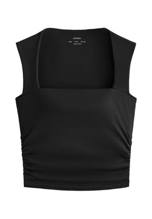 Zwarte cropped top met een vierkante halslijn, korte mouwen en geraffineerde details aan de zijkanten, gemaakt van een gladde, elastische stof.