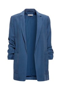 Blauer leichter Blazer mit offenem Vorderteil, zwei vorderen Taschen und hochgekrempelten Ärmeln. Hergestellt aus weichem Stoff mit glatter Textur.
