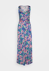 Maxi-mekko, jossa on kukkakuosi, pääasiassa sininen, ja siinä on pinkkejä, vihreitä ja keltaisia korostuksia. Pehmeää kangasta, hihaton malli, jossa on V-pääntie.