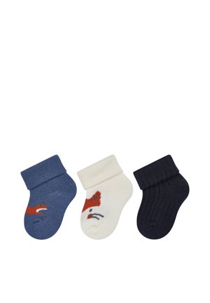 Three folded ankle baby socks in blue, white, and black; blue and white socks feature a fox face design.