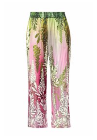 Pantalon ample avec taille élastique, présentant un fond dégradé en vert, rose et blanc avec des motifs superposés de fleurs et de feuilles.