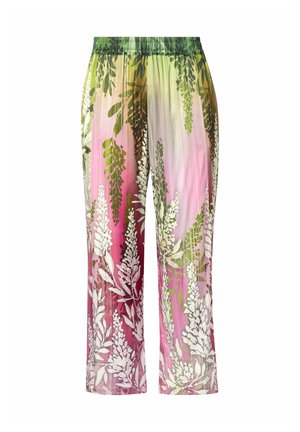 Locker sitzende Hose mit elastischem Bund, die einen Farbverlaufshintergrund in Grün, Pink und Weiß mit überlagerten Blumen- und Blattmustern zeigt.